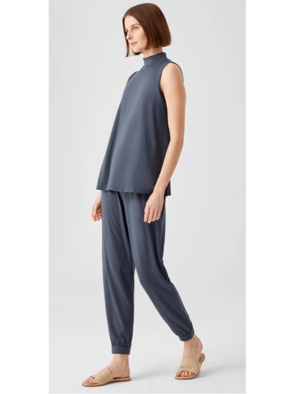 Eileen Fisher Fine Jersey Mock Neck Tank Top Slate Blue Lyocell Blend